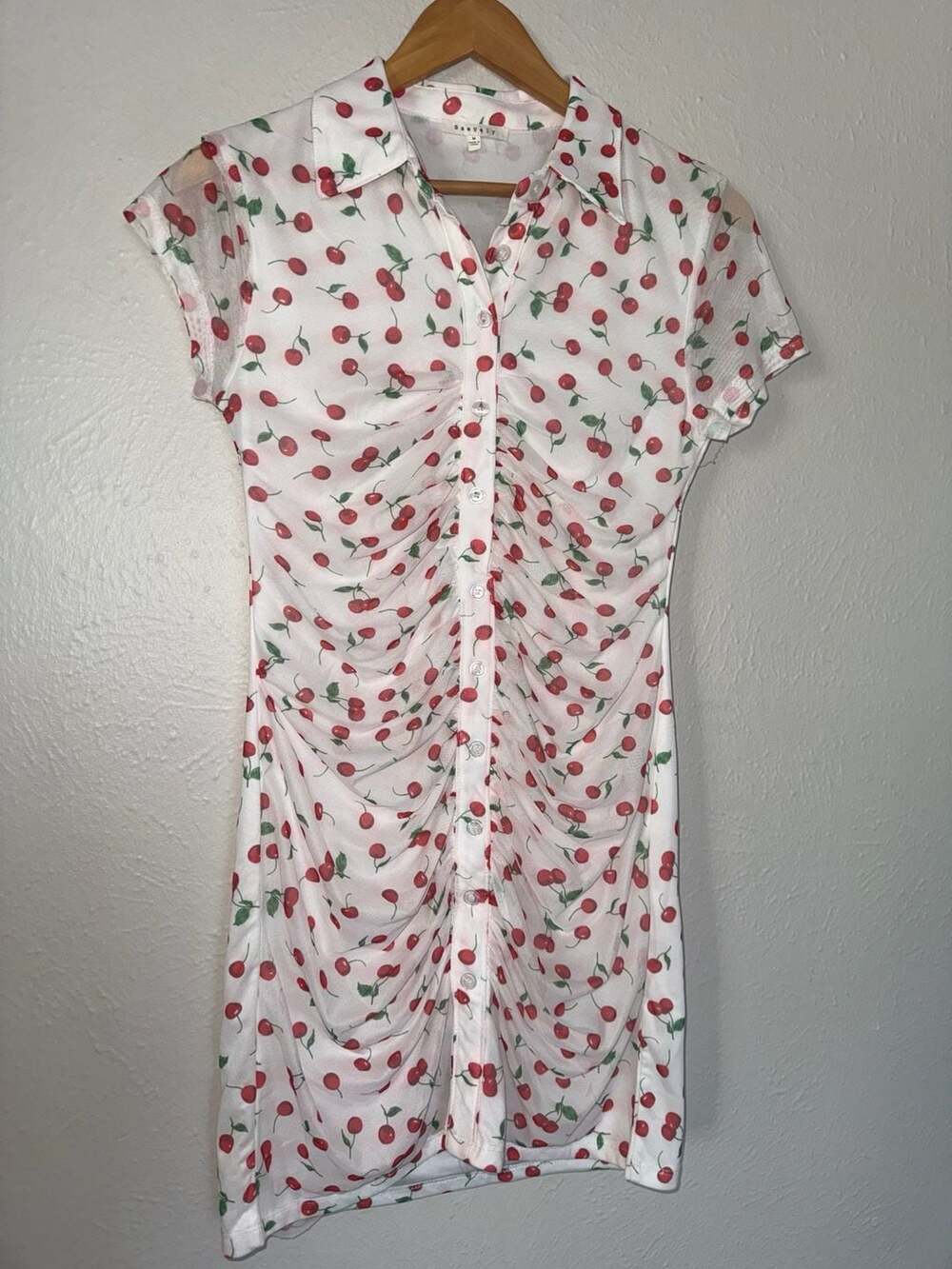 Baevely White Cherry Print Ruched Button-Up Mesh Mini Dress